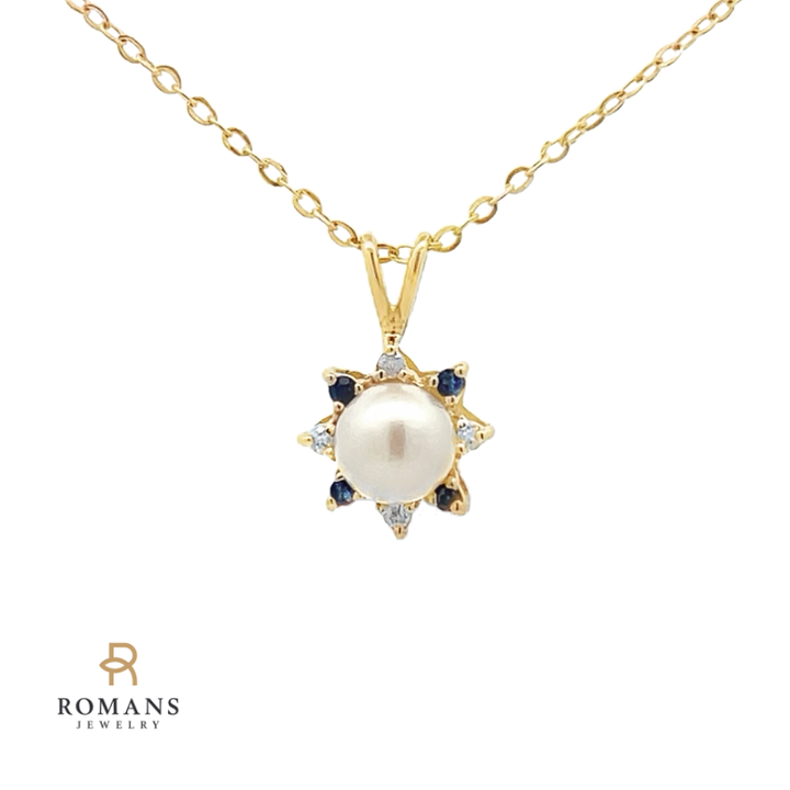 Pearl Pendant with Diamond & Sapphire Halo 14K Yellow Gold 0.08ctw
