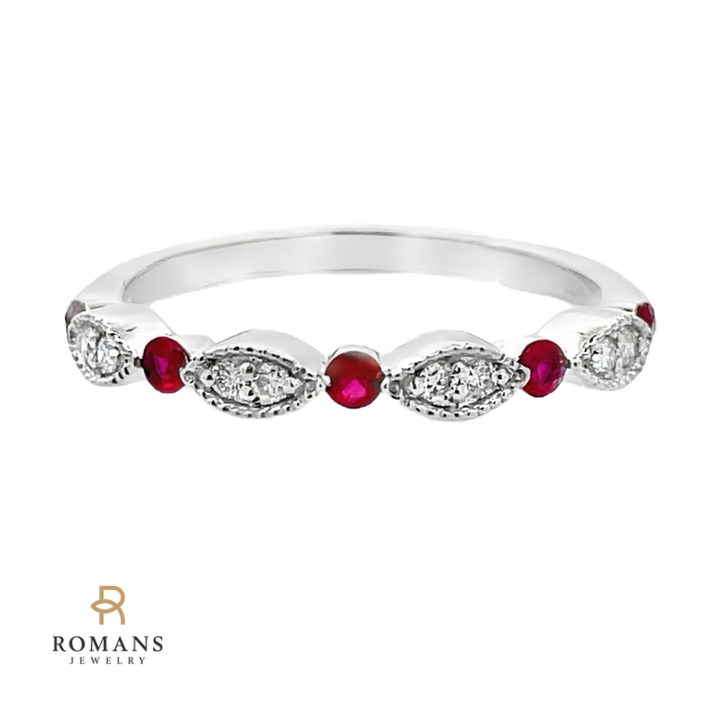 Diamond Ruby Band Milgrain 14K White Gold .18CT