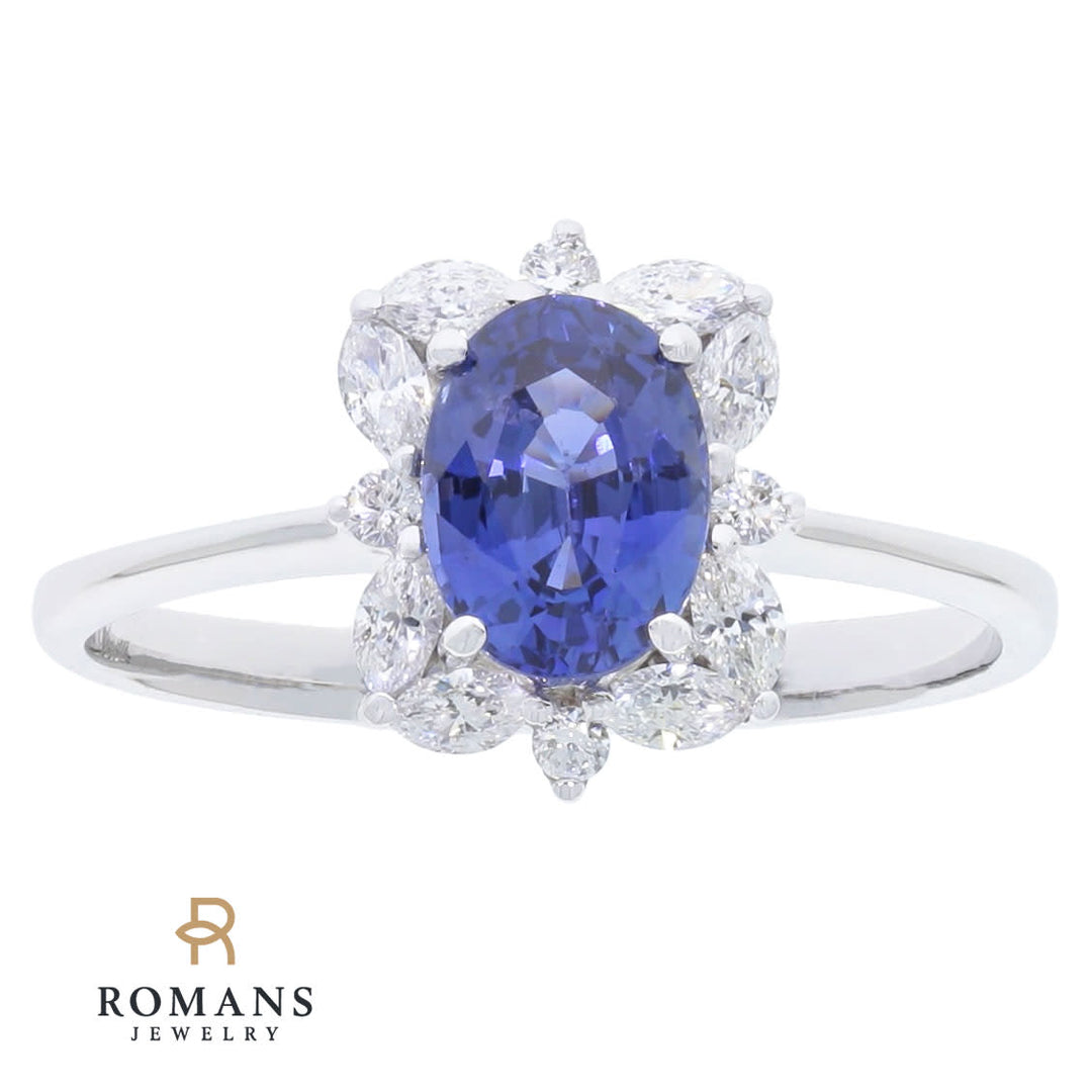 Sapphire Halo Ring 14K White Gold 1.10 CT