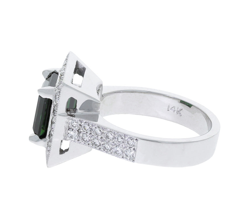 Tourmaline Diamond Halo Ring 14K White Gold 3.13 CT