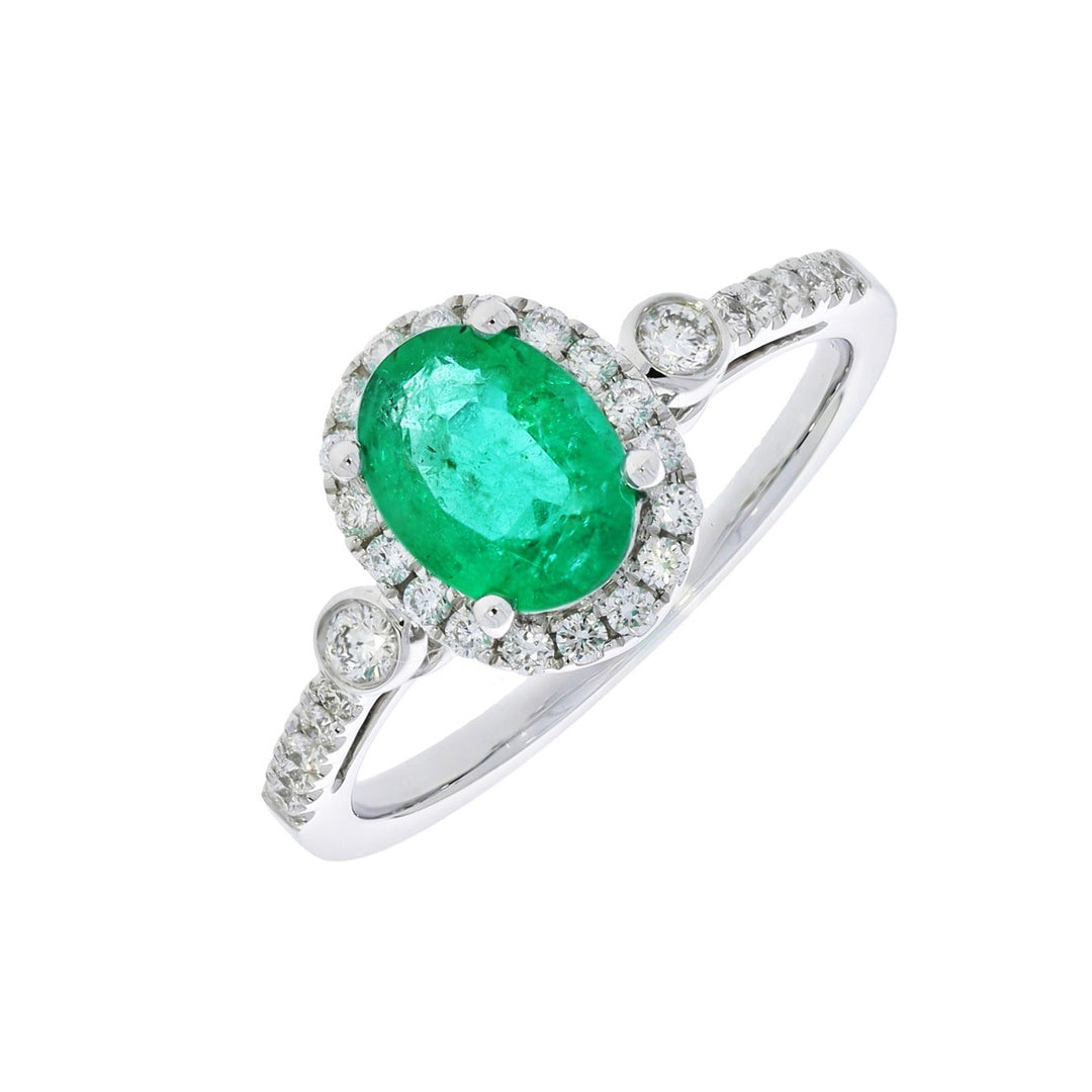 Oval Emerald Diamond Halo Ring 14K White Gold 1.16 CT
