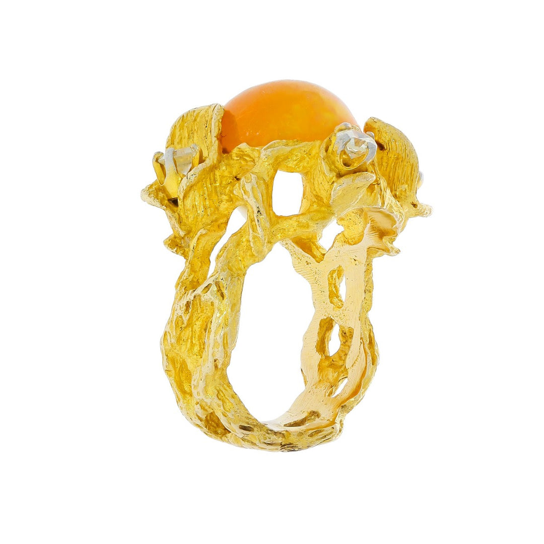 Mexican Fire Opal Diamond Ring 14K Yellow Gold 2.25 CT