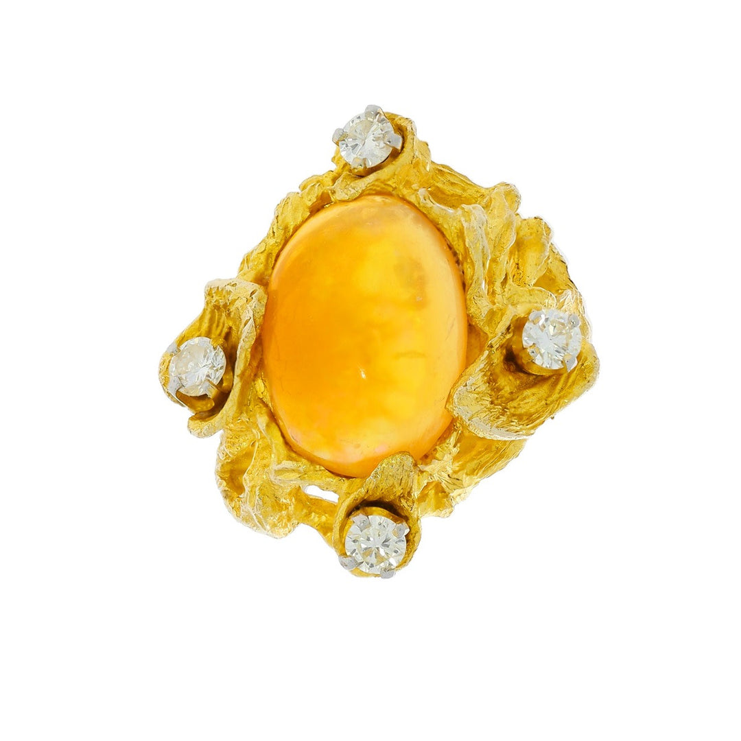 Mexican Fire Opal Diamond Ring 14K Yellow Gold 2.25 CT