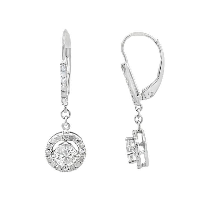 Diamond Dangle Halo Earrings 14K White Gold .97CTW