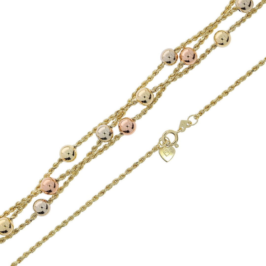 Multiple Row Rope Bead Chain 10K Tri-Tone Gold