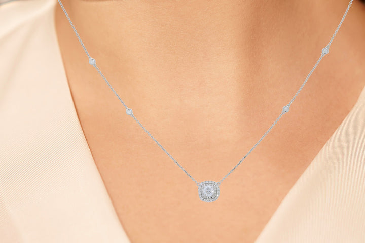 Double Halo Diamond Pendant Necklace .94CTW