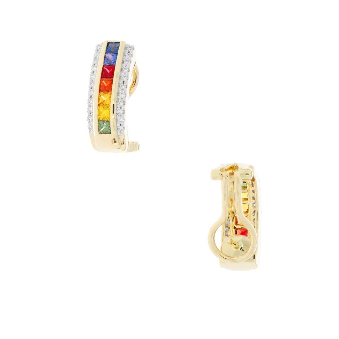 Rainbow Sapphire Diamond Earrings 14K Yellow Gold