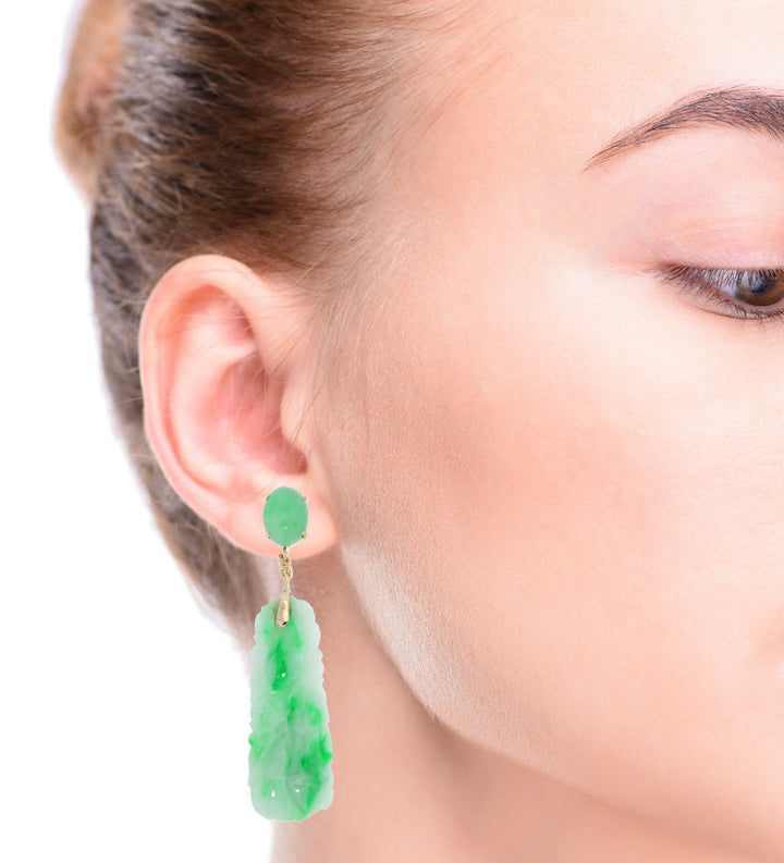 Carved Jade Untreated Earrings 14K Yellow Gold GIA