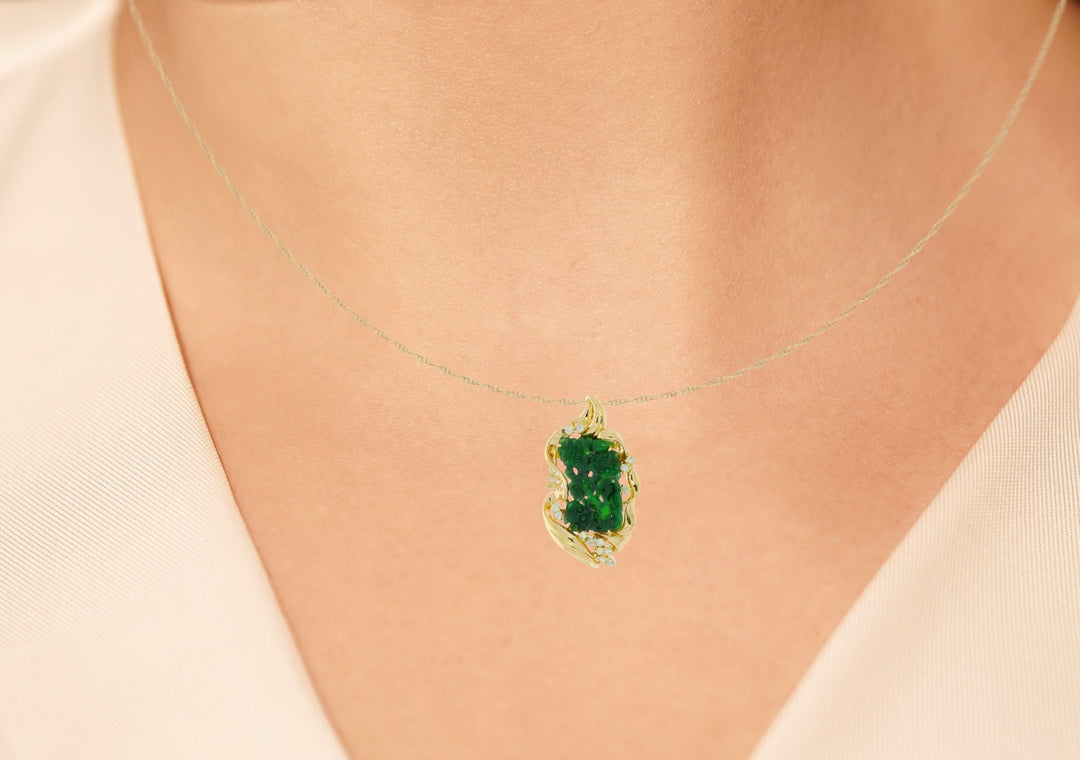 Jadeite Jade & Diamond Brooch Pendant 18K Yellow Gold