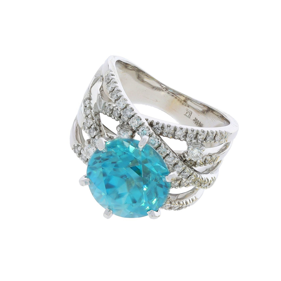 Blue Zircon Diamond Ring 14K White Gold 9.52CT