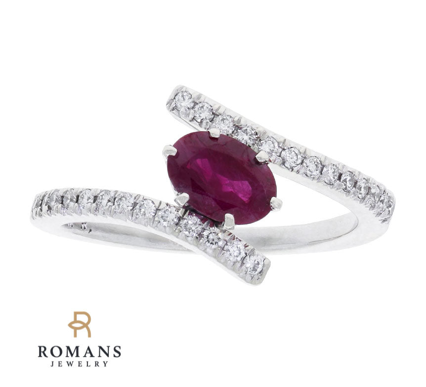 Ruby Diamond Bypass Ring 14K White Gold .98 CT