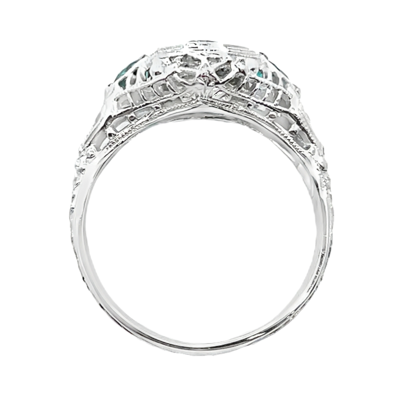 Vintage Diamond & Emerald Filigree Ring 18K White Gold .32CTW