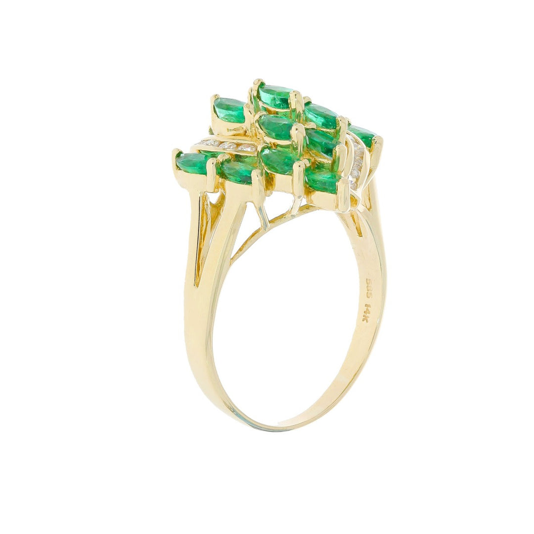 Cluster Emerald Diamond 14K Yellow Gold Ring 1.95 CTW