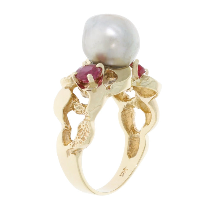 Gray Baroque Pearl Ruby Ring 14K Yellow Gold