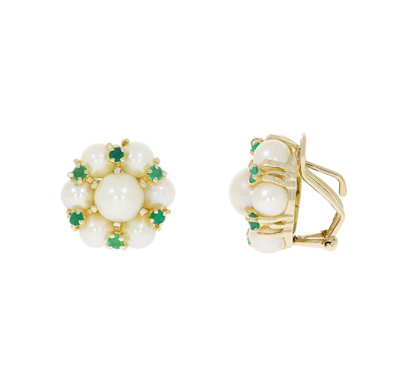 Pearl Emerald Cluster Omega Backs 14K Yellow Gold