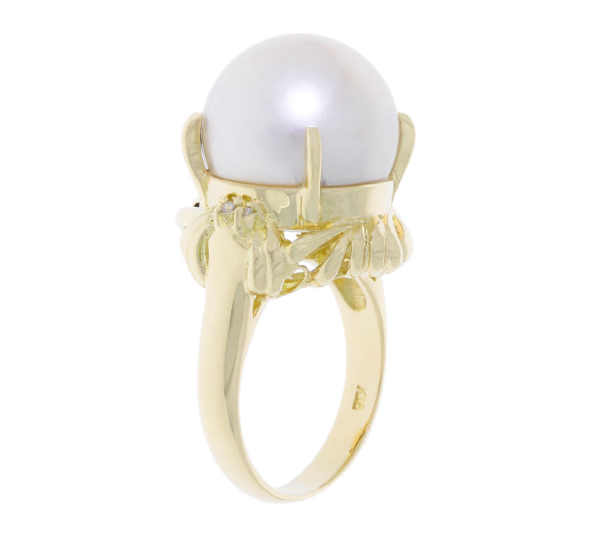 Pearl Diamond Ring 18K Yellow Gold 14MM