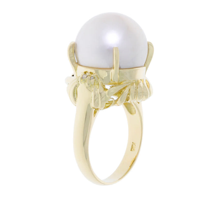 Pearl Diamond Ring 18K Yellow Gold 14MM