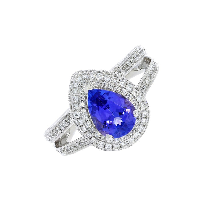 Tanzanite Diamond Halo Pave' Ring 14K White Gold 1.66CT