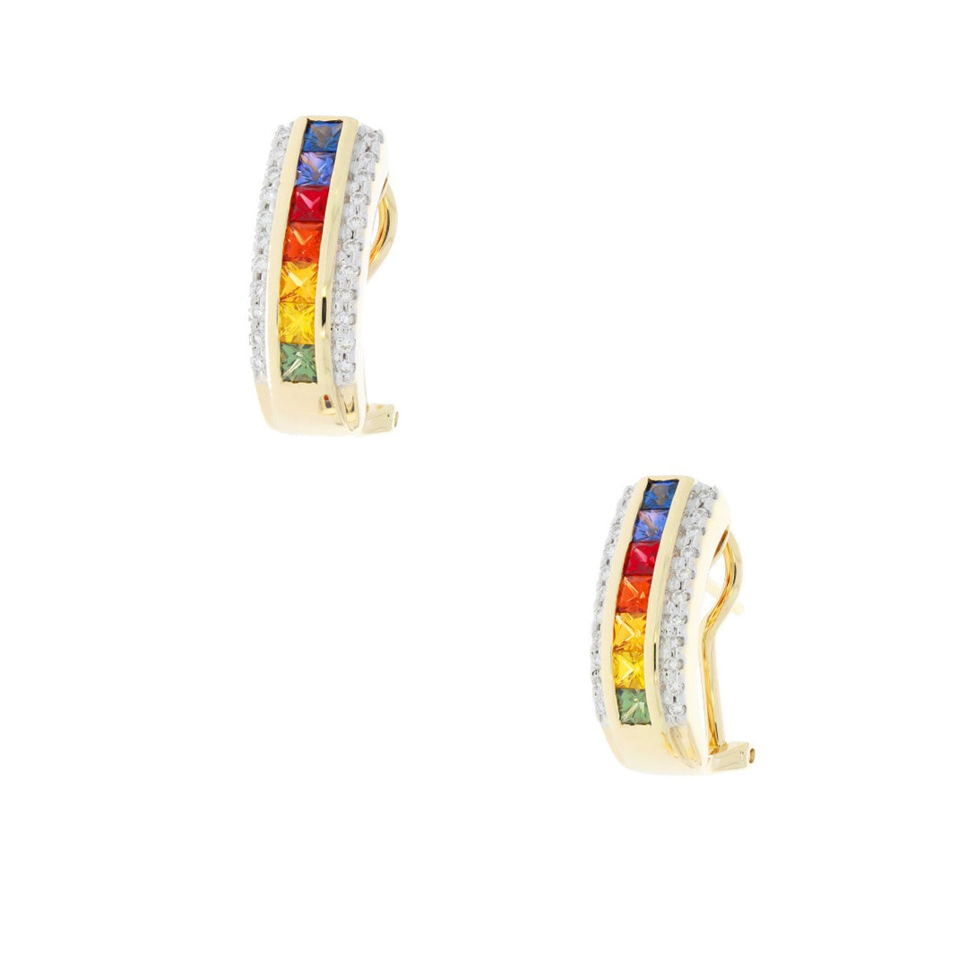Rainbow Sapphire Diamond Earrings 14K Yellow Gold