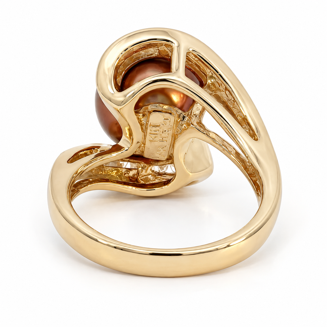 Brown Pearl Diamond Bypass Ring 0.25CTW 14K Yellow Gold
