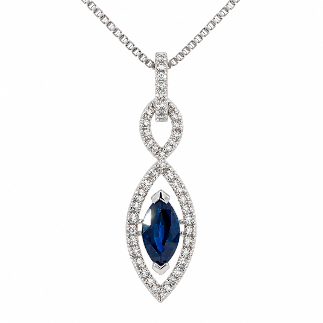 10K white gold marquise blue sapphire pendant featuring a 0.74CT sapphire surrounded by a sparkling diamond halo.