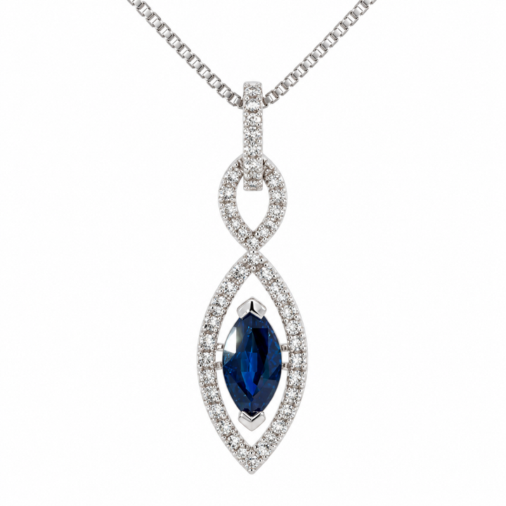 10K white gold marquise blue sapphire pendant featuring a 0.74CT sapphire surrounded by a sparkling diamond halo.
