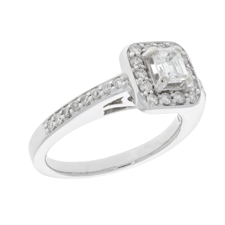 Emerald Cut Diamond Halo Engagement Ring 14K White Gold .37CT