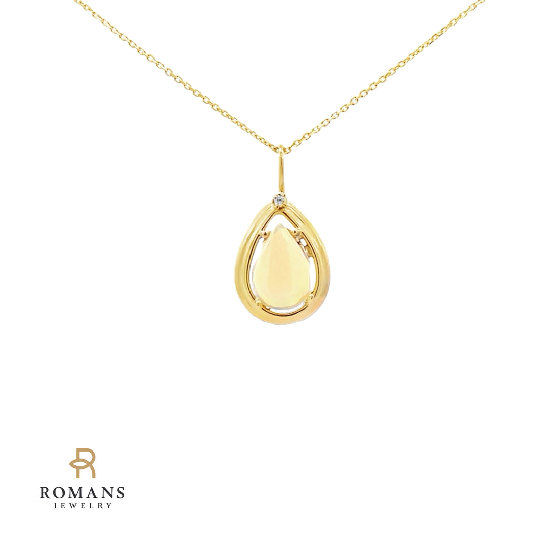 White Opal Diamond Pendant 14K Yellow Gold