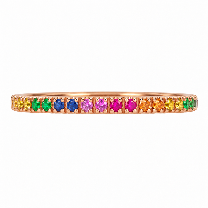 14K rose gold rainbow sapphire band featuring 0.40CTW multicolored sapphires in an elegant stackable ring design.