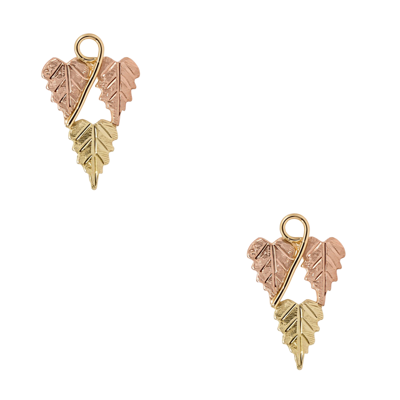 14K tri-tone Black Hills Gold stud earrings featuring a classic design with yellow, rose, and green gold accents.
