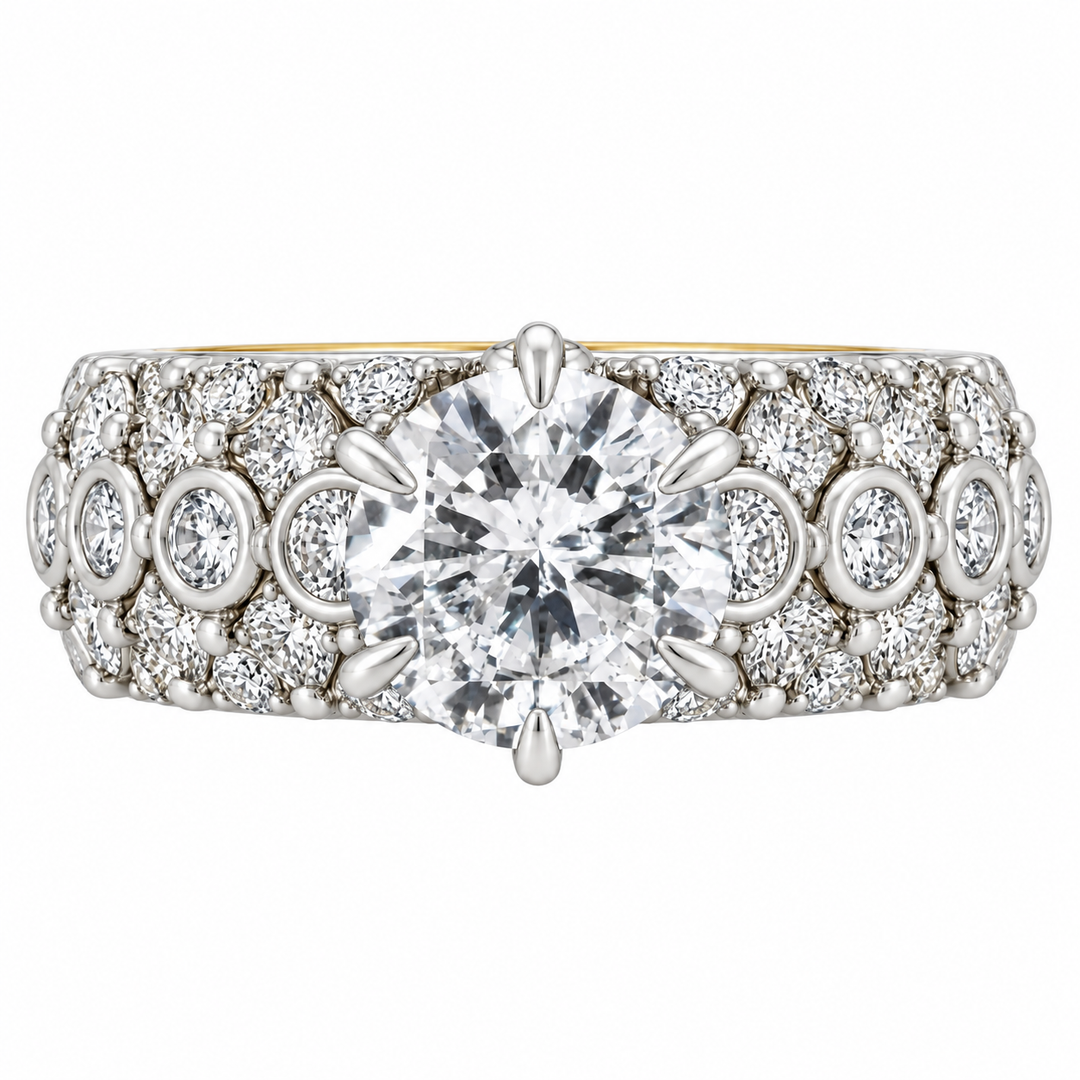14K two-tone gold natural diamond engagement ring featuring 5.15CTW diamonds, a round center diamond, and a wide multi-row diamond band with bezel accents.