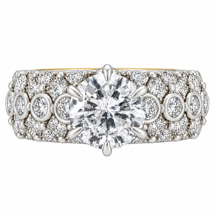 14K two-tone gold natural diamond engagement ring featuring 5.15CTW diamonds, a round center diamond, and a wide multi-row diamond band with bezel accents.