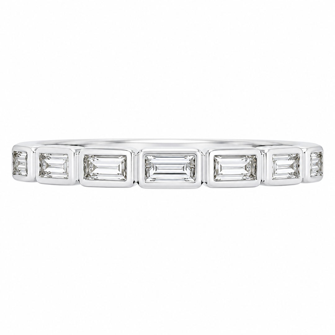 14K white gold bezel set baguette diamond band featuring 0.29CTW diamonds in a sleek, modern design.