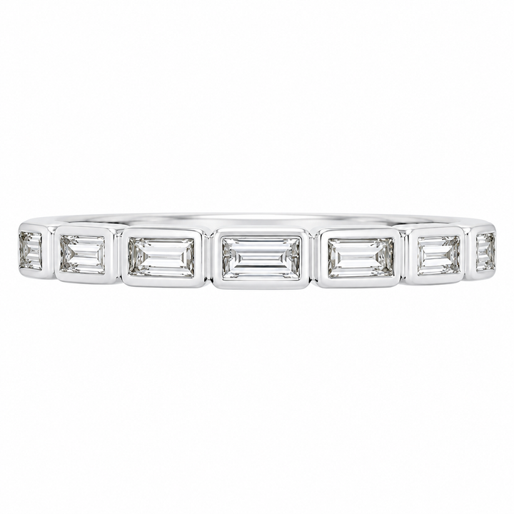 14K white gold bezel set baguette diamond band featuring 0.29CTW diamonds in a sleek, modern design.