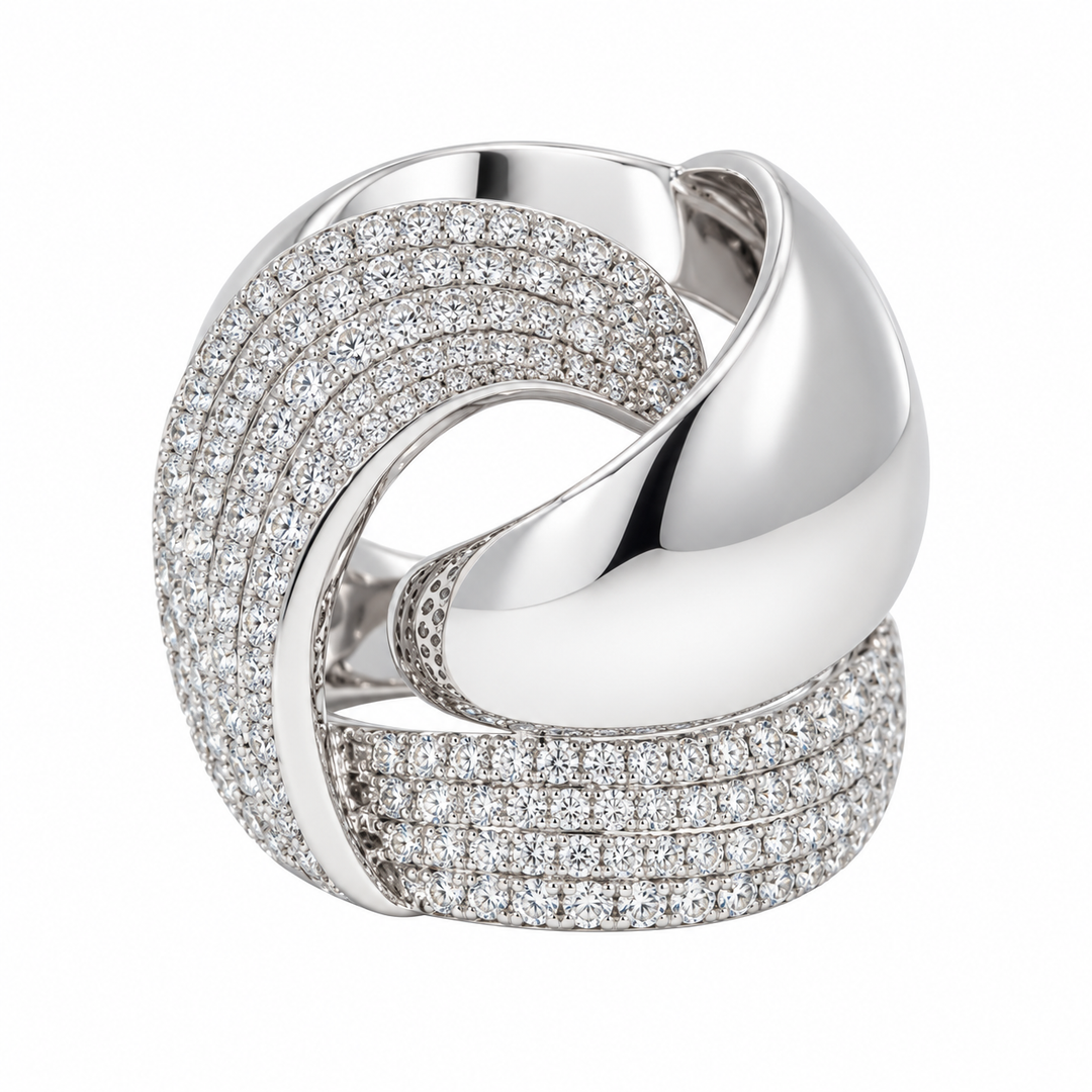 14K white gold sculptural swirl diamond statement ring featuring 1.27CTW natural round diamonds in a multi-row pavé design.