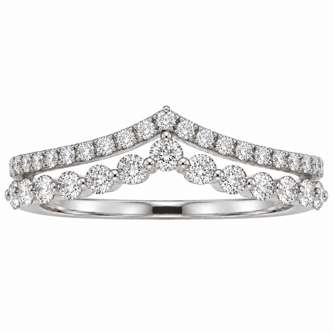14K white gold double chevron diamond stacking band featuring 0.54CTW diamonds in an elegant double-row V-shaped design.