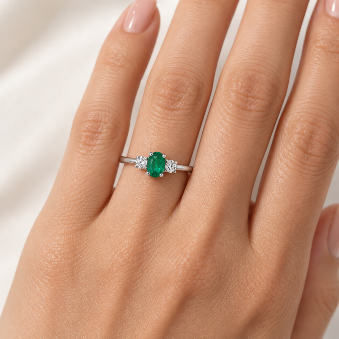 Emerald Three Stone Diamond Ring 0.79CT 14K White Gold