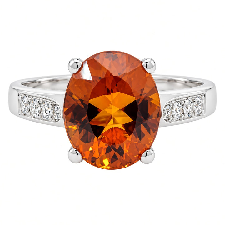 14K white gold Madeira citrine and diamond ring featuring a 3.20CT deep orange citrine gemstone with sparkling diamond accents.