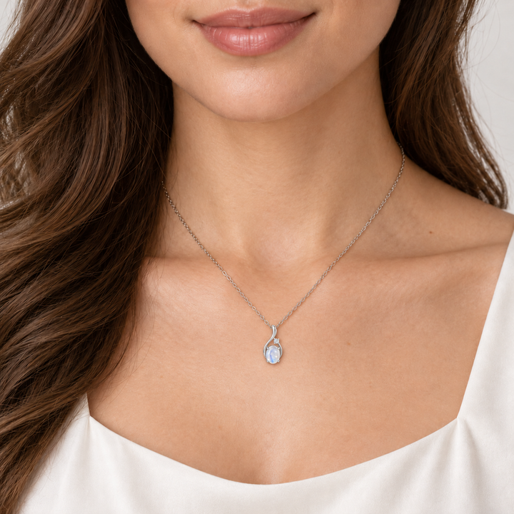 Moonstone Diamond Swirl Pendant 14K White Gold 1.37CT