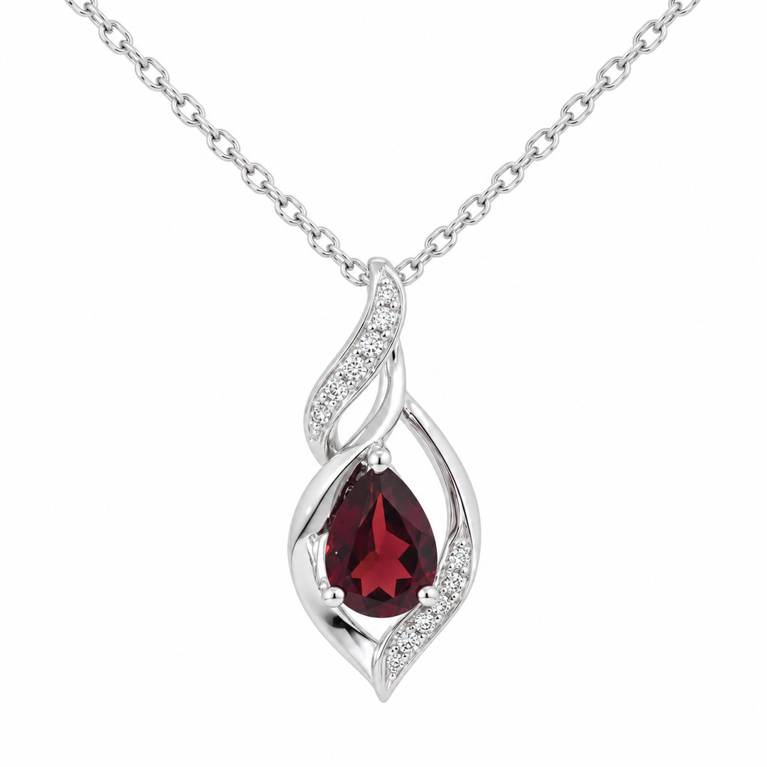 14K white gold garnet and diamond swirl pendant featuring a 0.73CT natural pear-shaped garnet and 0.07CTW natural round diamonds.