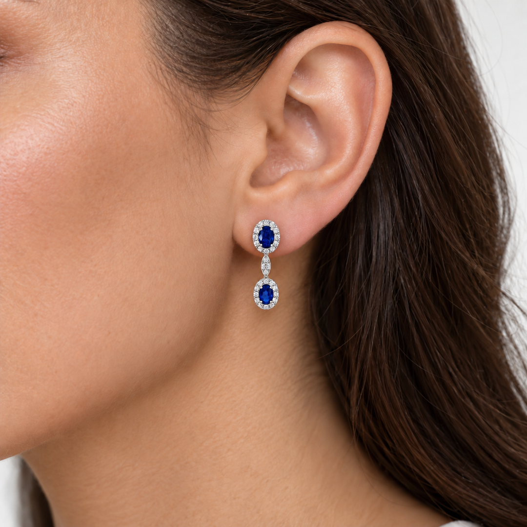 Natural Oval Sapphire &amp; Diamond Halo Dangle Earrings 14K White Gold 3.23CTW