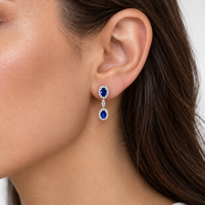 Natural Oval Sapphire &amp; Diamond Halo Dangle Earrings 14K White Gold 3.23CTW