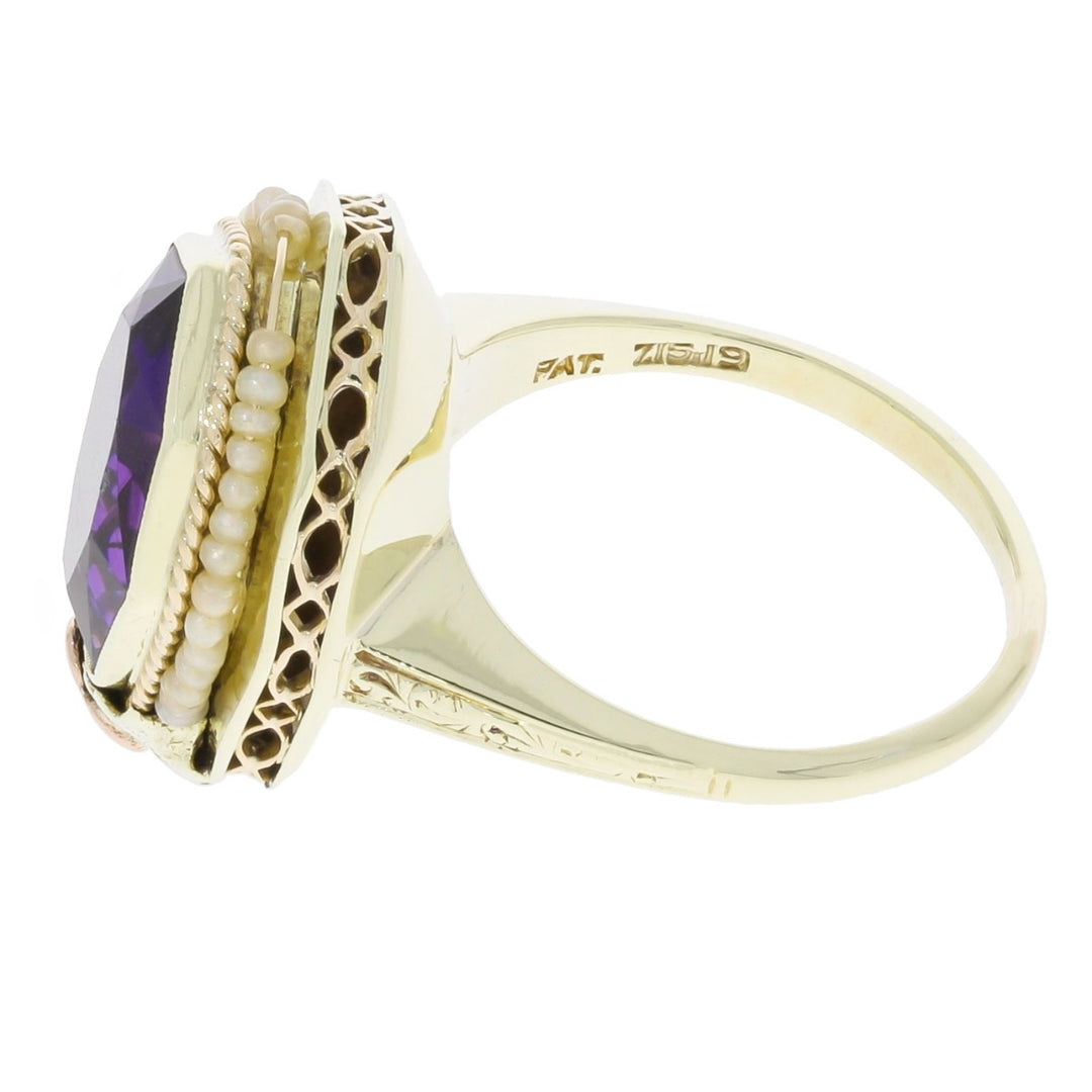 Amethyst Polygonal Seed Pearl Ring 14K Yellow Gold