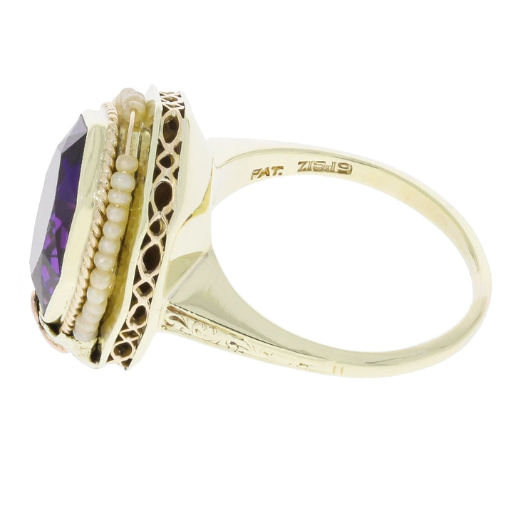 Amethyst Polygonal Seed Pearl Ring 14K Yellow Gold
