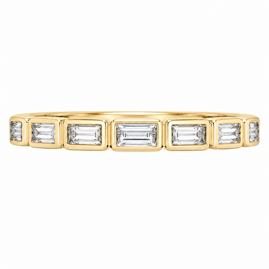 14K yellow gold bezel set baguette diamond band featuring 0.50CTW diamonds in an elegant, modern design.
