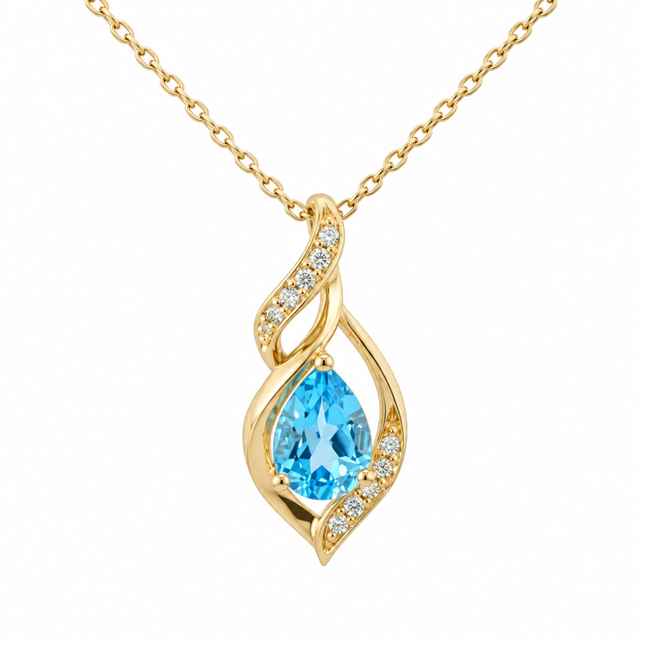 14K yellow gold blue topaz and diamond swirl pendant featuring a pear-shaped blue topaz accented by sparkling diamonds, totaling 0.87CTW.