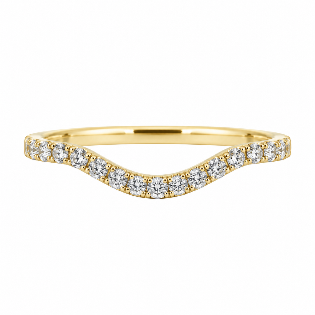 14K yellow gold curved diamond wedding band featuring 0.33CTW diamonds in an elegant contour design.