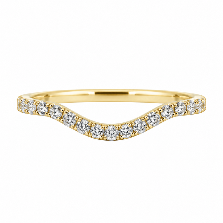 14K yellow gold curved diamond wedding band featuring 0.33CTW diamonds in an elegant contour design.