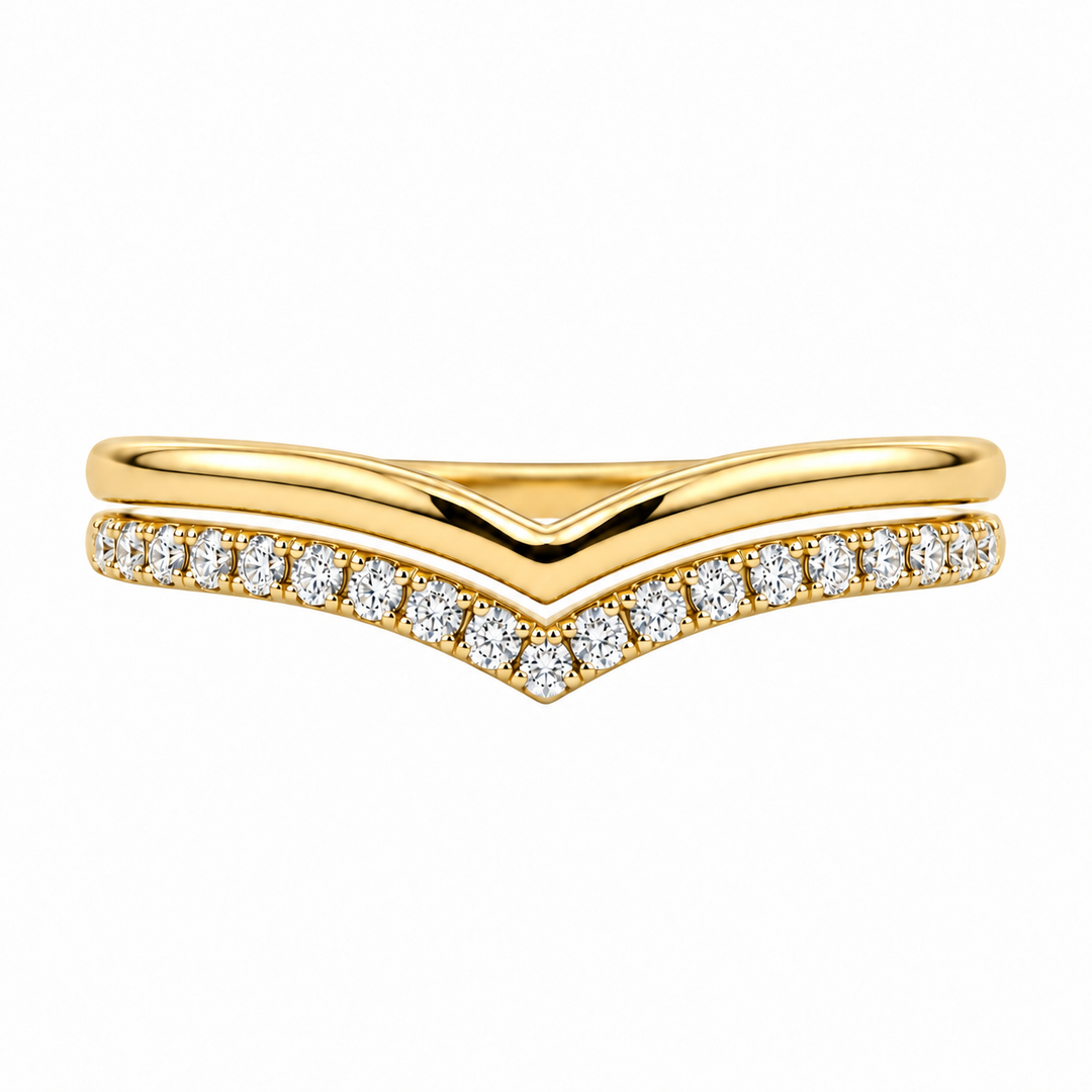 14K yellow gold double chevron diamond wedding band featuring 0.14CTW diamonds on one V-shaped row and a polished gold second row.