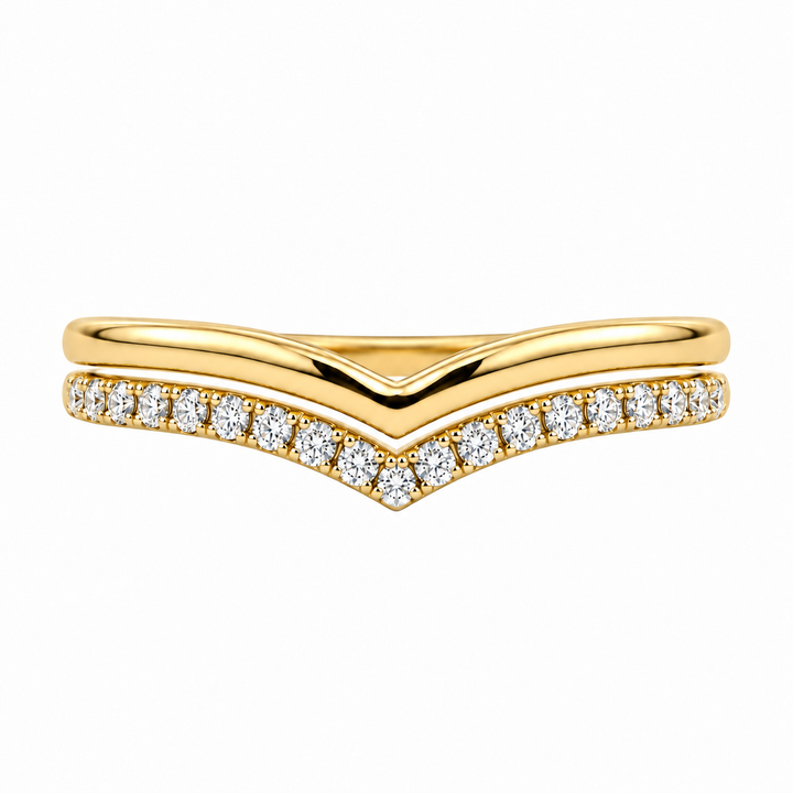 14K yellow gold double chevron diamond wedding band featuring 0.14CTW diamonds on one V-shaped row and a polished gold second row.